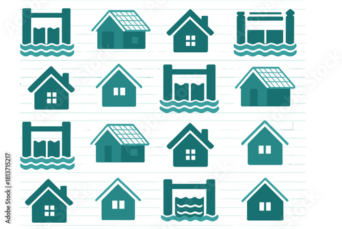 Flood-resilient and sustainable housing icon set with solar and hydro infrastructure