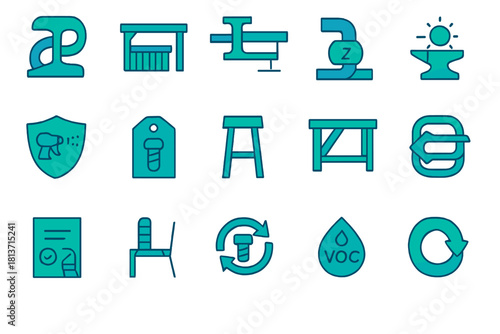 Ergonomic and sustainable furniture icon set with industrial design symbols