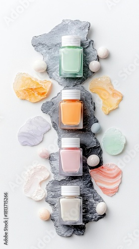 Four glass bottles of nail polish in pastel colors are artfully arranged on dark, textured stones, surrounded by decorative stones and spheres.