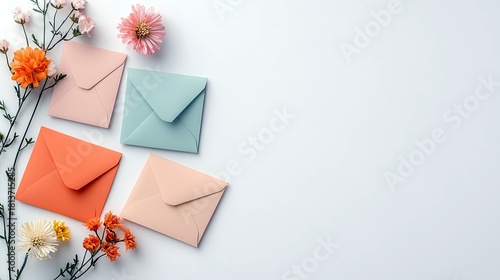 Four small, pastel-colored envelopes are artfully arranged with delicate flowers on a clean white surface, creating a charming and gentle composition.