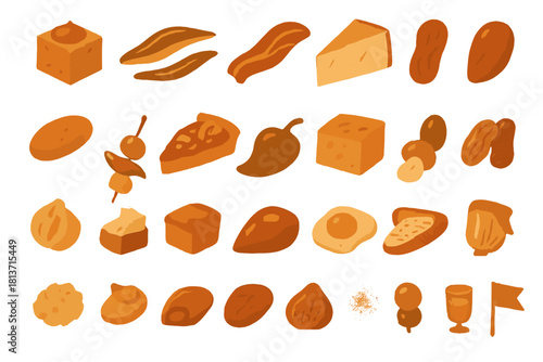 Warm-toned watercolor icons of snacks, cheese, and appetizers