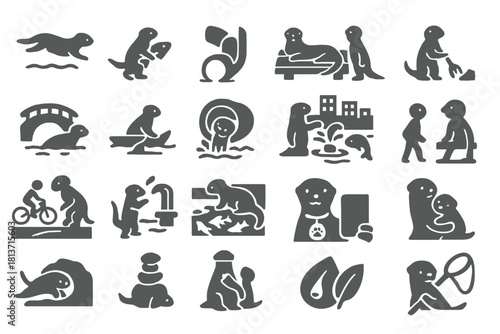 Otter character icon set showing nature and civic activities