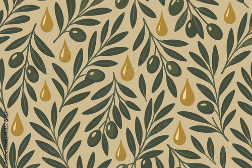 Seamless olive branch and oil drop pattern on beige