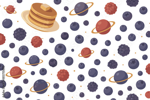 Galaxy-themed pancake and berry pattern with glowing accents
