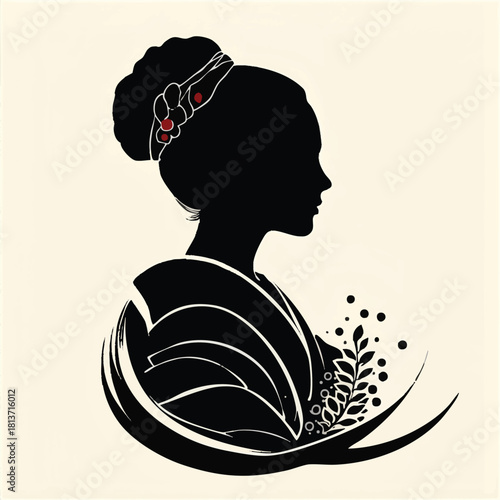 Yabusame black sumi-e silhouette of a beautiful woman