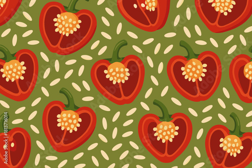 Seamless pattern of red bell pepper halves and seeds on green