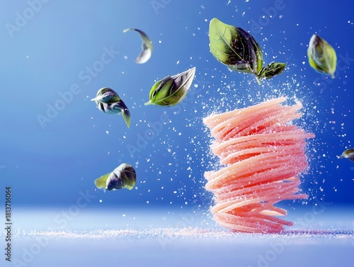 A dynamic composition of uncooked pasta, fresh basil leaves, and grated parmesan cheese suspended in mid-air against a vibrant blue backdrop.