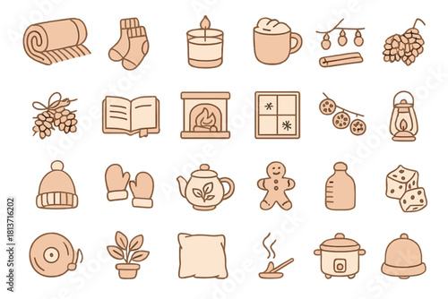 Cozy winter and hygge lifestyle icons on warm brown background