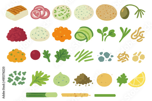 Colorful illustrated food toppings and garnish icon set