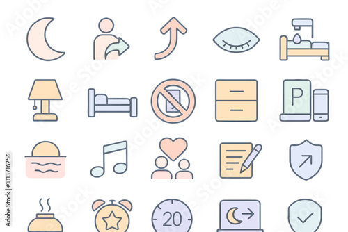 Set of pastel sleep and hospitality icons on blurred background