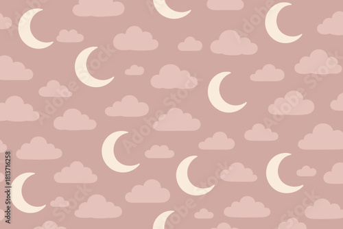 Seamless pattern of moons and clouds on dusty pink background
