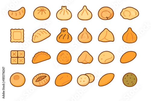 Set of cartoon dumpling and pastry icons on brown background