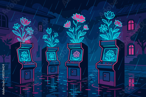 Surreal neon arcade machines growing flowers in the rain