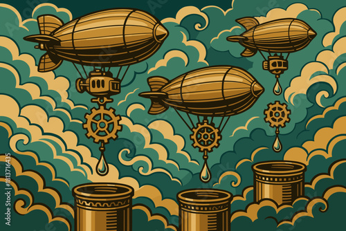 Steampunk airships collecting liquid over mechanical pipes