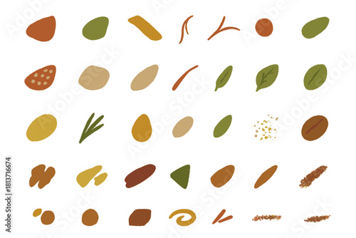 Assorted seasoning and ingredient elements in illustrated texture style