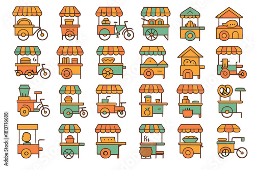 Colorful street food cart icon set on yellow background