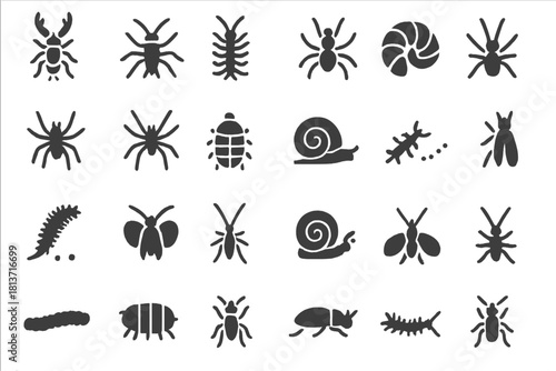 Dark insect and snail silhouette icon set on gray background