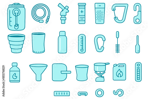 Set of camping and outdoor gear icons in minimalist style