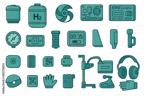 Flat style icons of lab tools, gauges, and tech components