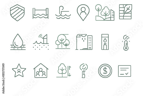 Modern urban sustainability and climate resilience icon set on metallic background