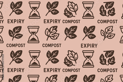 Sustainable lifecycle pattern with compost, expiry, leaves, and hourglass icons