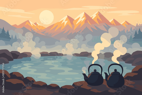 Twin kettles steaming beside a tranquil mountain hot spring at dawn