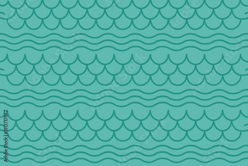 Seamless ocean waves and fish scale pattern in teal