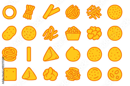 Collection of glowing orange snack icons in flat style