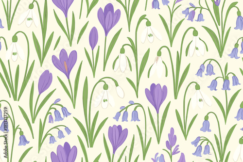 Seamless spring pattern with crocuses, bluebells, and snowdrops