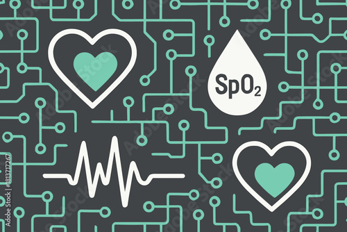 Heart and SpO₂ icons over circuit board pattern background