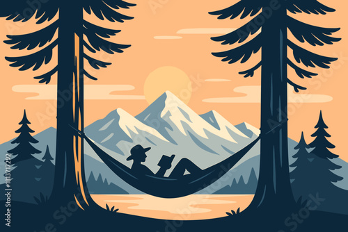 Person reading in hammock by mountain lake at sunset