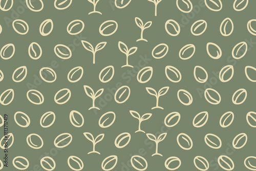Seamless outline pattern of seeds and sprouts on muted green