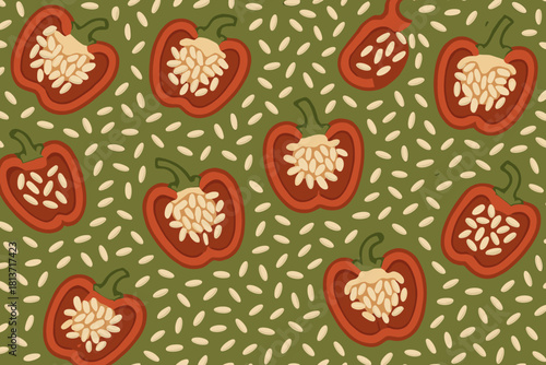 Seamless pattern of red bell pepper halves with seeds