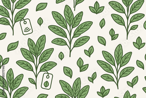 Seamless pattern of green tea leaves with tags