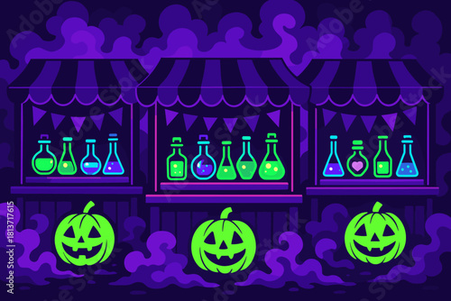 Neon Halloween potion stand with glowing pumpkins and smoke