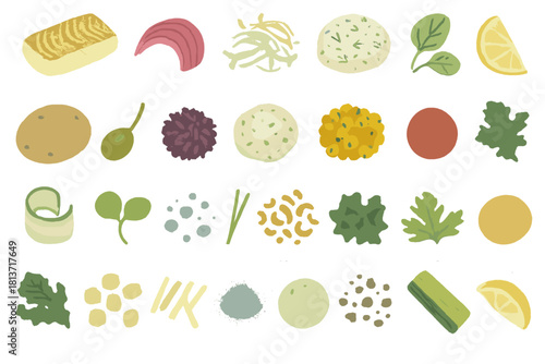 Watercolor healthy food toppings and ingredients icon set