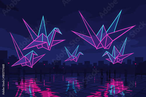 Neon origami cranes flying above rainy city plaza
