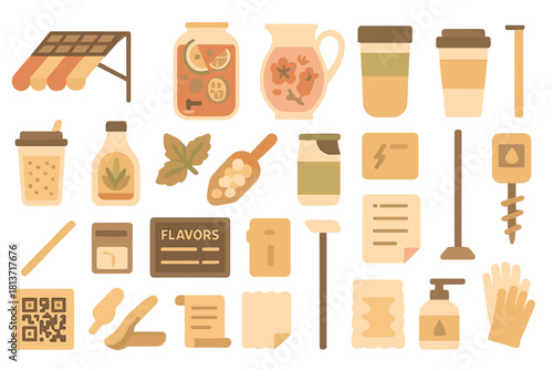 Watercolor drink stand and beverage elements icon set
