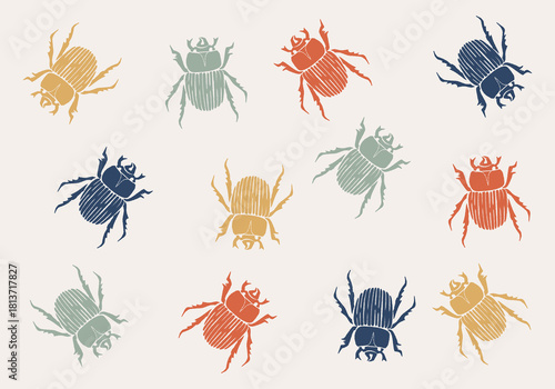 Beetle Collection editable bugs pattern vivid illustration showcases a collection of beetles, each distinctively colored and styled, arranged artfully to enhance the essence of nature and design.