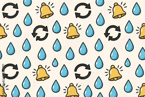 Cartoon pattern with bells, water drops, and refresh arrows