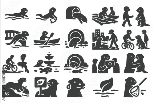 Otter character icon set with urban and nature activities