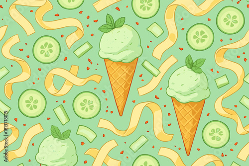 Seamless pattern of mint ice cream cones with cucumber and ribbons