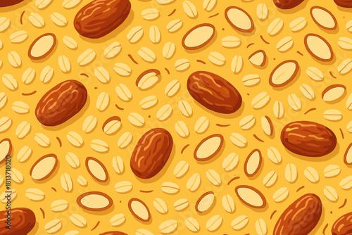 Pattern of dates, sliced almonds, and oats on yellow background