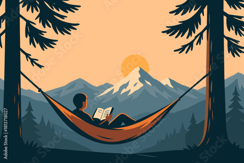 Person reading in hammock with mountain sunset view