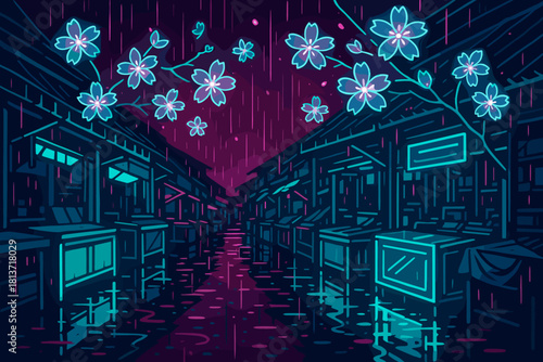 Neon cherry blossoms over empty rainy street at night