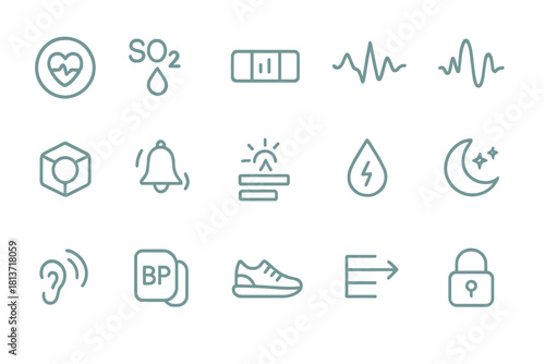 Set of biometric health tracking icons on teal metal texture