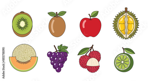 Assortment of colorful fruits kiwi apple grapes lychee and more isolated