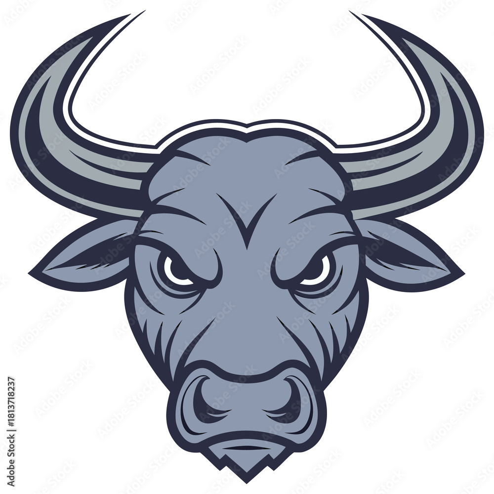 Fototapeta premium Menacing Gray Bull Head Mascot with Dark Accents on White Background Keywords: bull, head, logo, mascot, menacing, angry, fierce, powerful, strong, animal