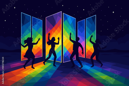 Dancers in front of glowing rainbow panels under starry sky
