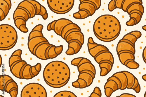 Seamless pattern of croissants and cookies in cartoon style
